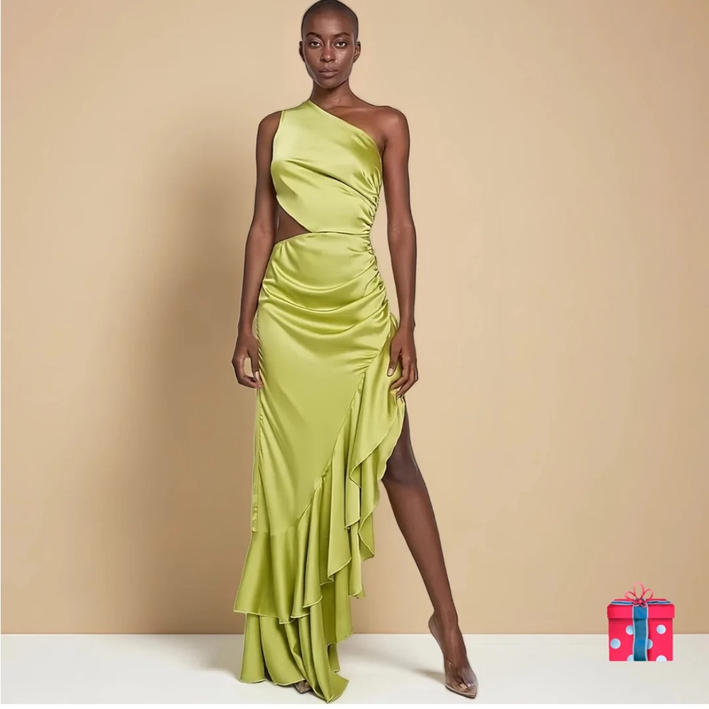 Elegant One-Shoulder Neon Green Dress